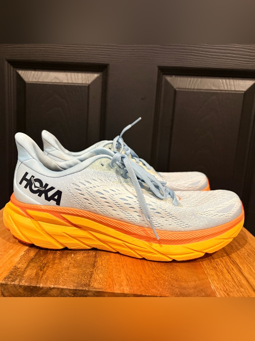Hoka Women's Clifton 8 Light Blue Upper with Yellow and Orange Running Shoes 9 - Picture 7 of 10